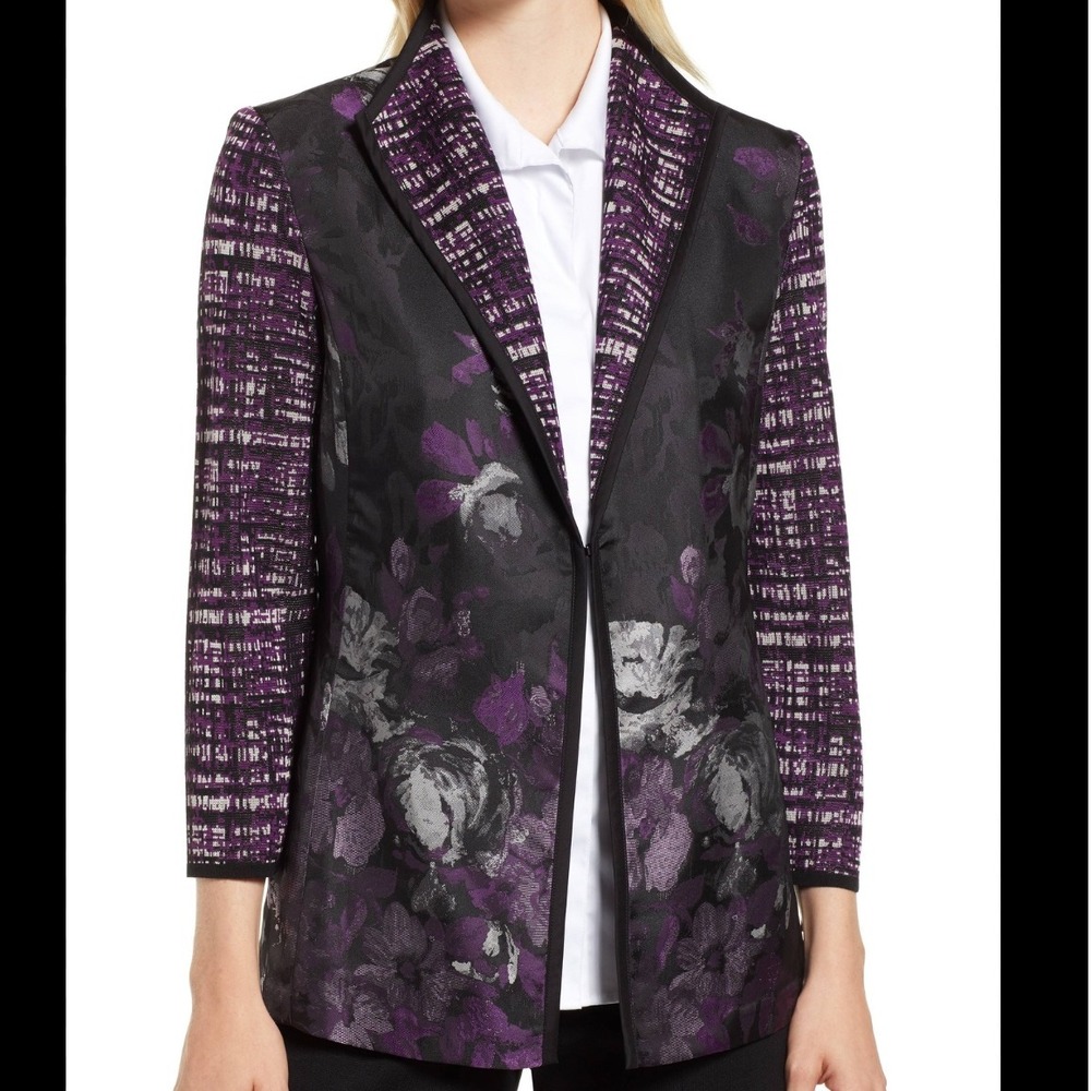 Ming Wang Women's Sz M Purple Floral Jacquard Knit Sleeve Open Front‎ Jacket